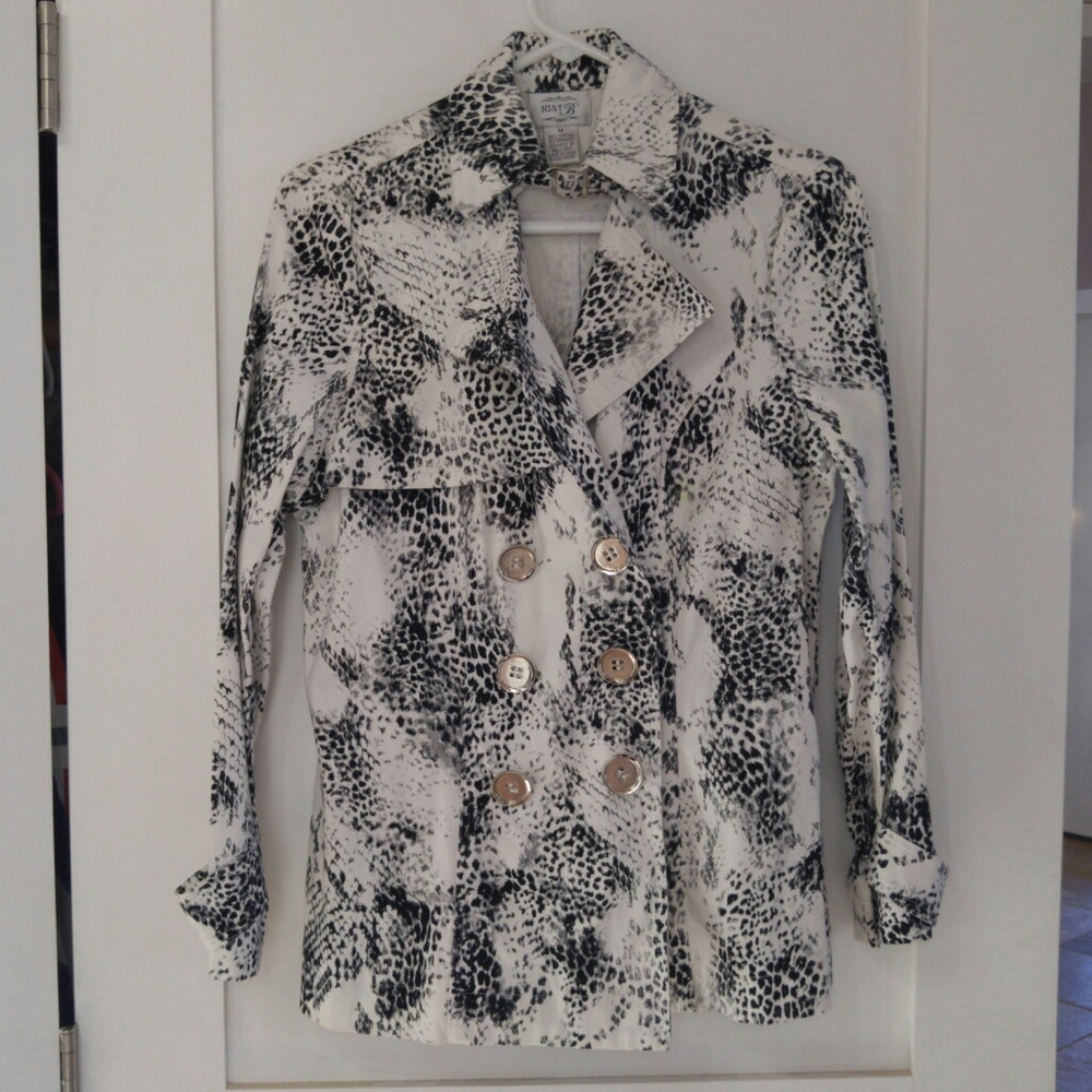 Animal print leopard spots pea coat jacket black & white, Just B, medium small